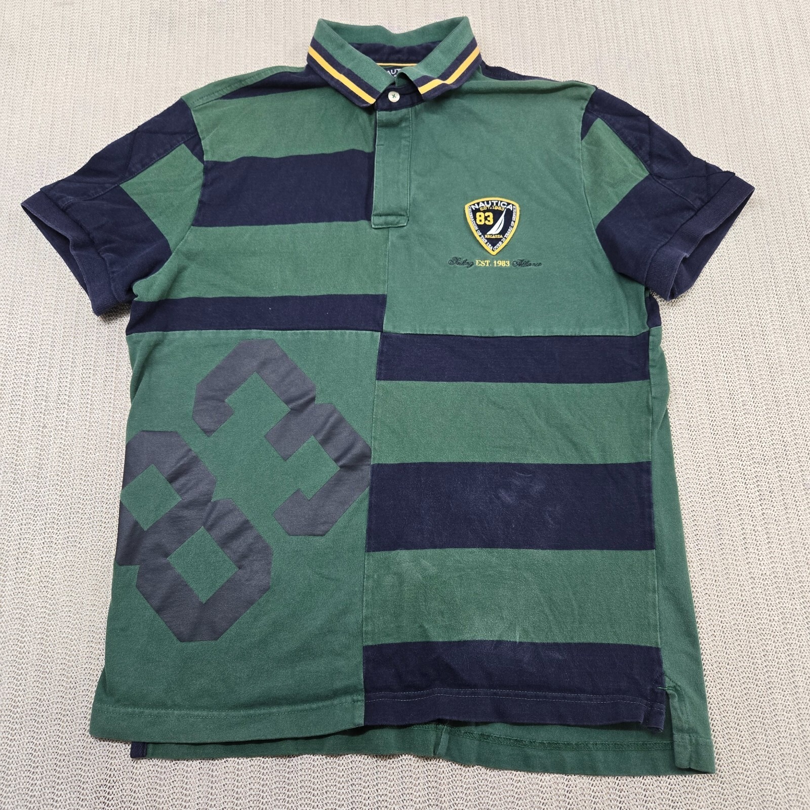 Vintage Nautica Shirt Mens Large Green Blue Regatta Colorblock Short Sleeve
